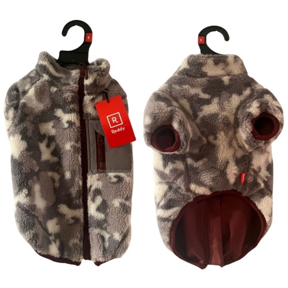 Reddy Red/Grey and Navy/Grey Camo Faux-Shearling Reversible Dog Jacket